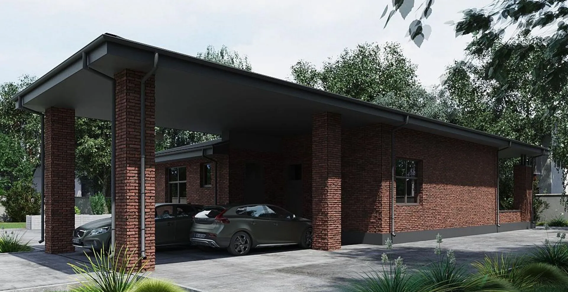 Дом с навесом для машины и террасой ,в стиле 