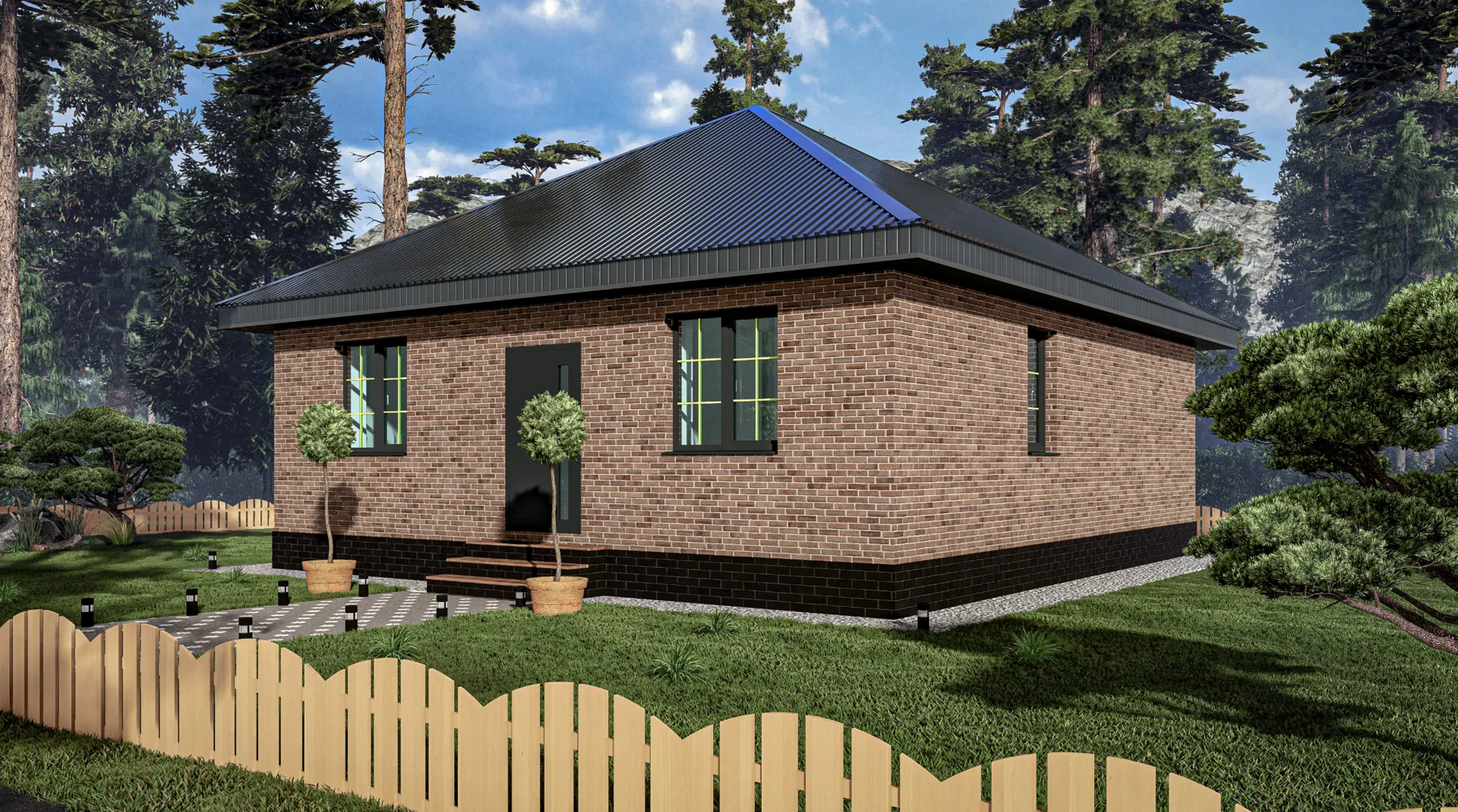 Одноэтажный дом из кирпича с большой гостинной