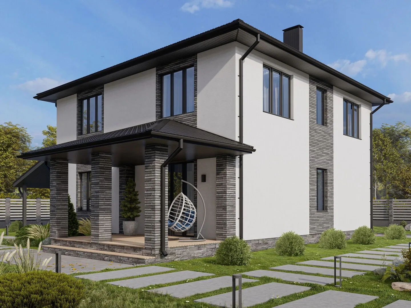 Двухэтажный дом с навесом для автомобиля Б019