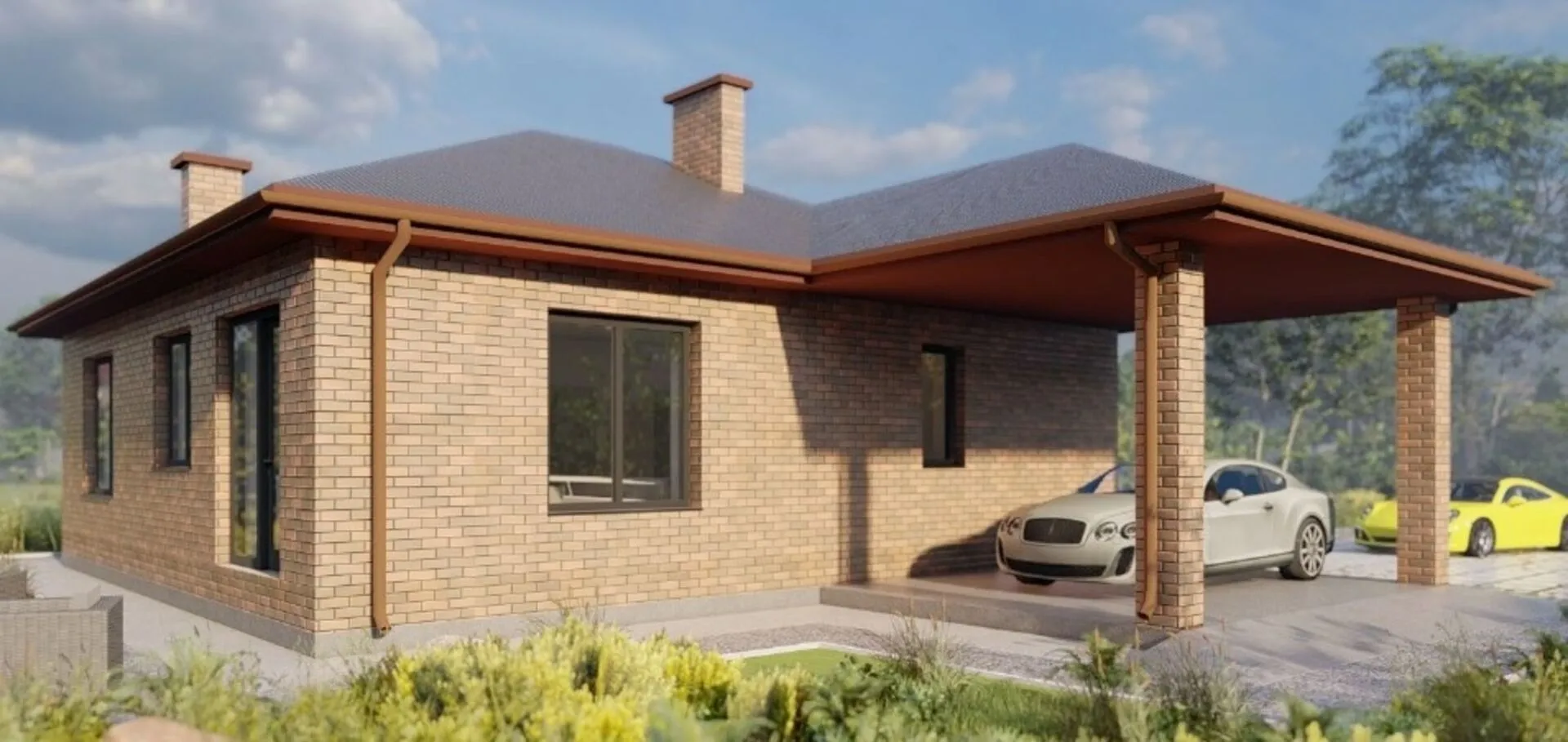 Одноэтажный кирпичный Дом NODO-88, с навесом и площадкой