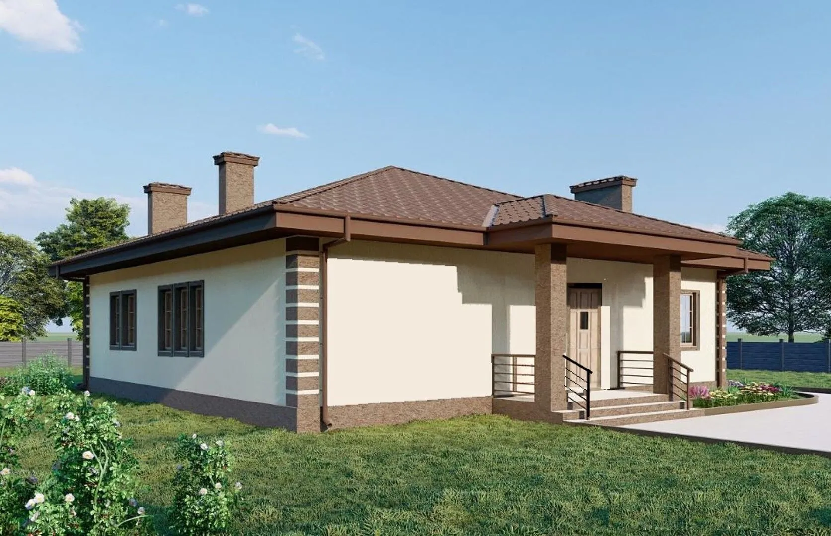 Одноэтажный дом из бруса в классическом стиле