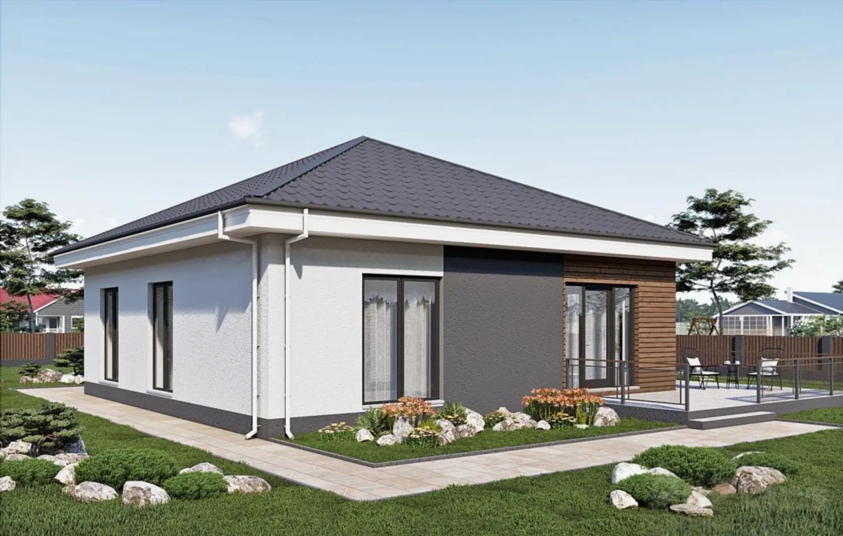 Одноэтажный дом с террасой, 3 спальнями и отделкой штукатуркой