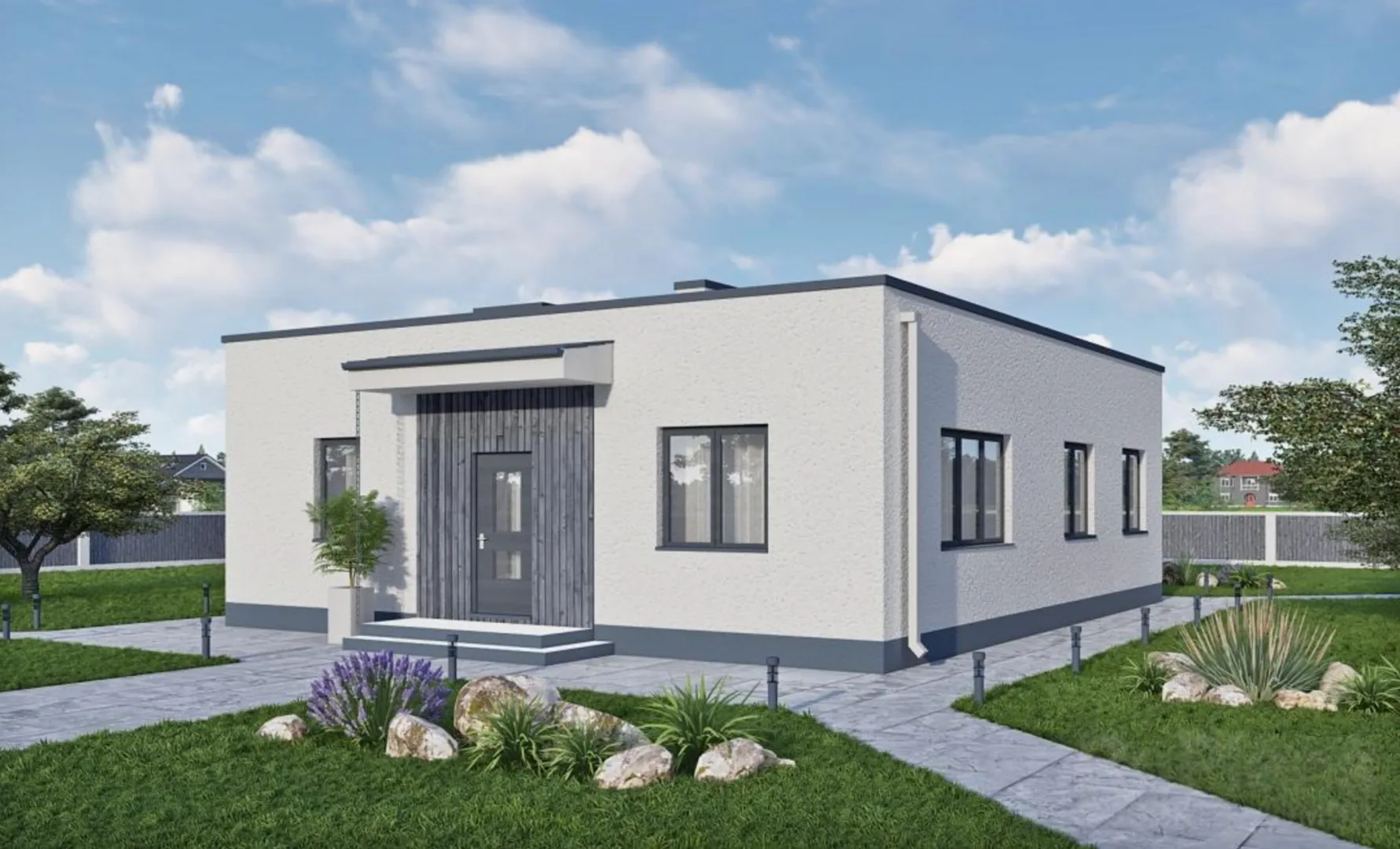 Одноэтажный дом с плоской крышей и тремя спальнями