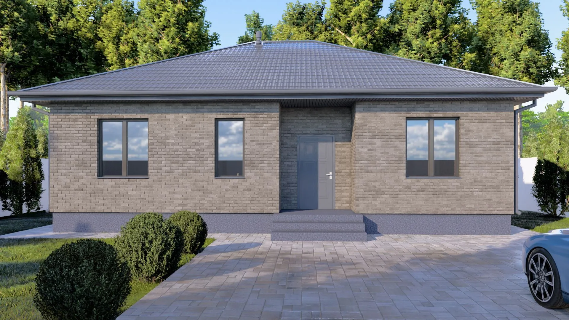 Одноэтажный кирпичный дом COMFORT - 118 m2 (Серый облицовочный кирпич)