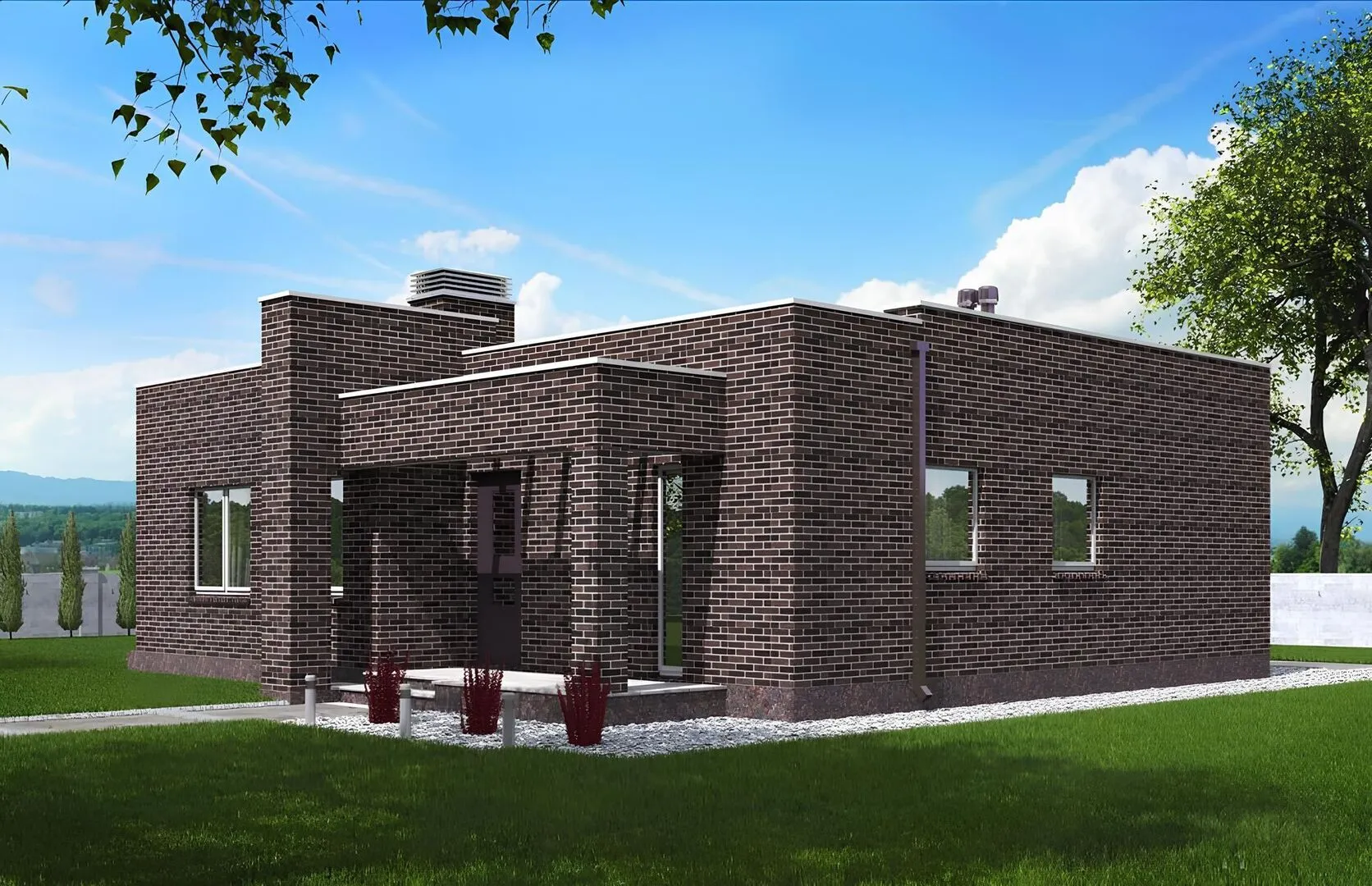 Одноэтажный дом с террасой и облицовочным кирпичом