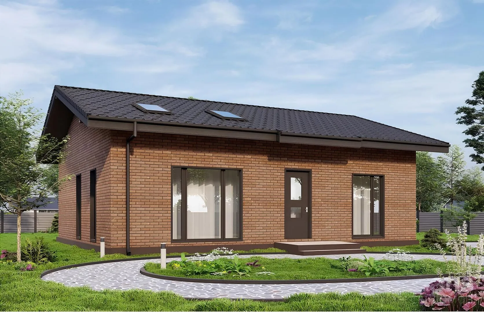 Одноэтажный дом со вторым светом в гостиной и кухне