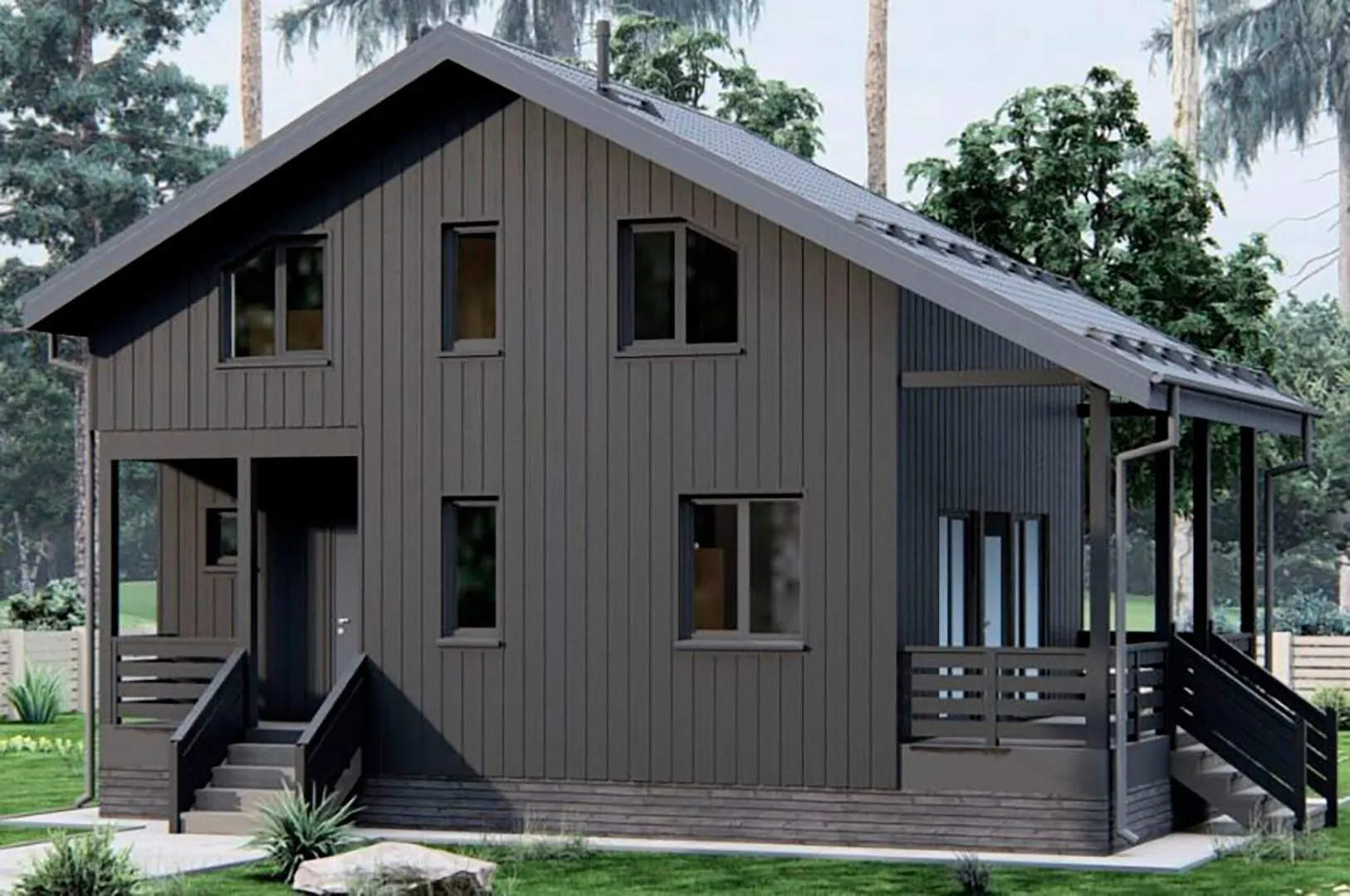 Мансардный загородный дом с террасой 