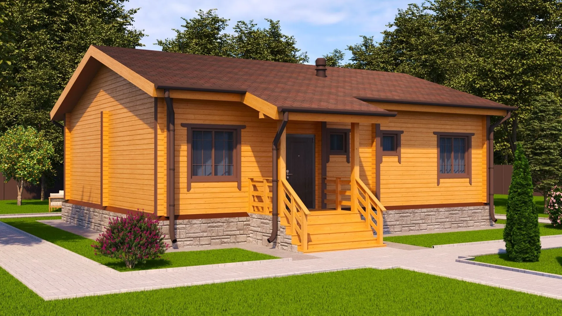 Одноэтажный дом из теплого бруса 