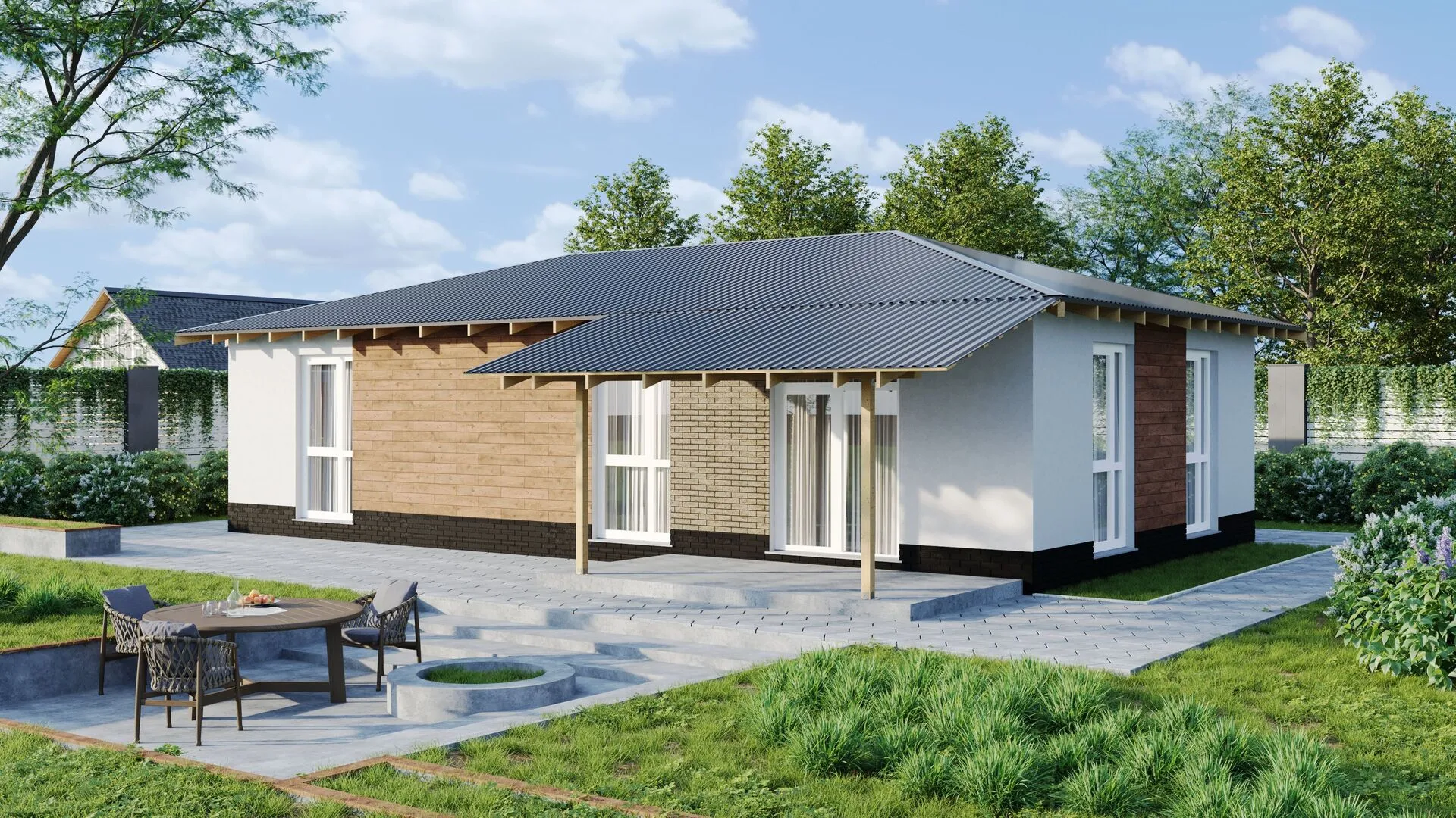 Проект Каменный одноэтажный дом с террасой 