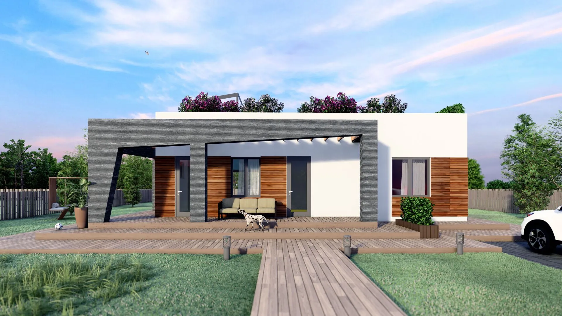 Одноэтажный дом с плоской эксплуатируемой крышей. Проект