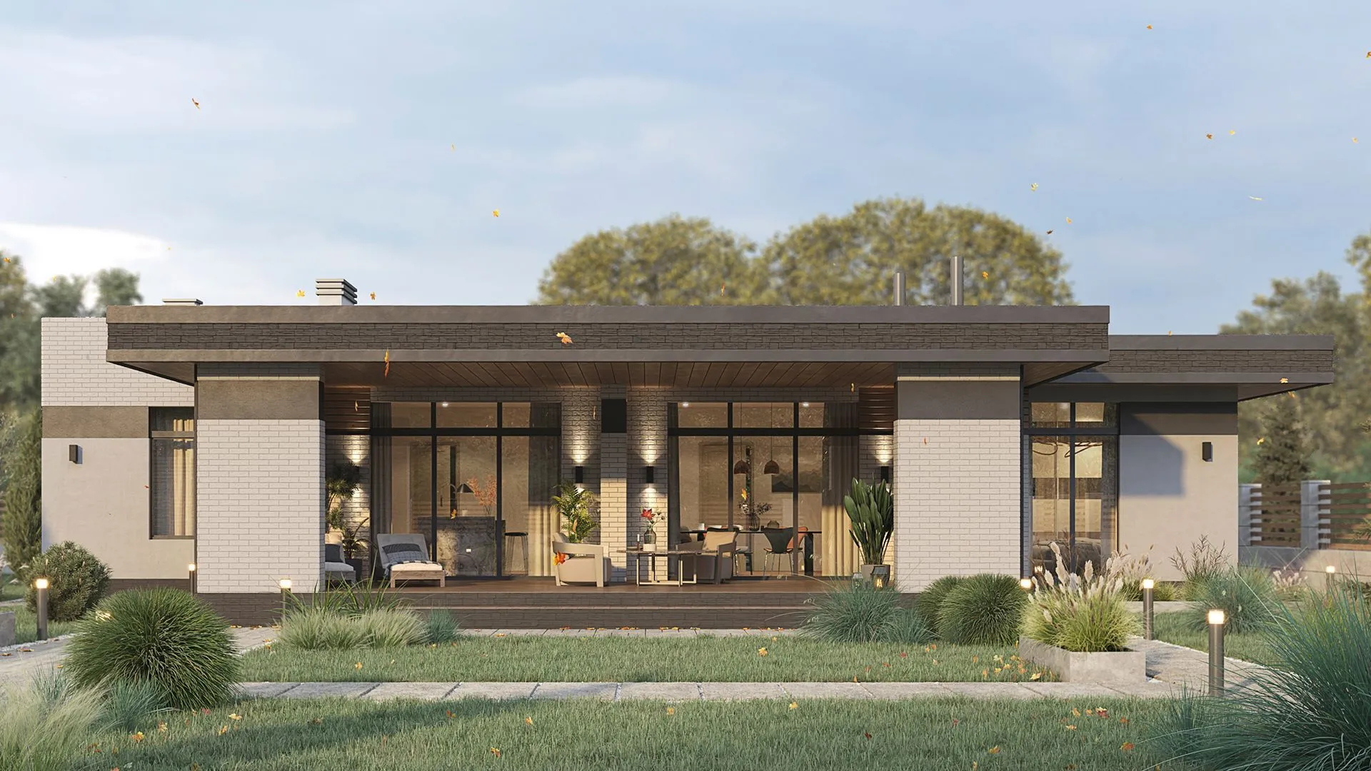 Одноэтажный дом с верандой в стиле минимализм