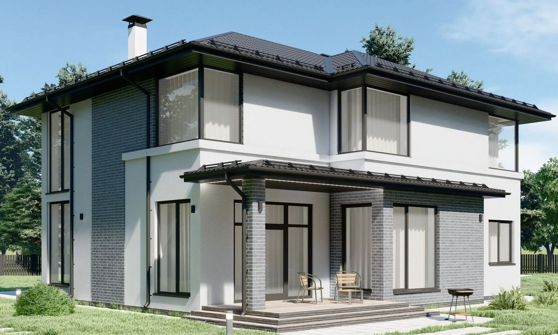 Проект загородного дома с террасой и гаражом на 2 машины S-292