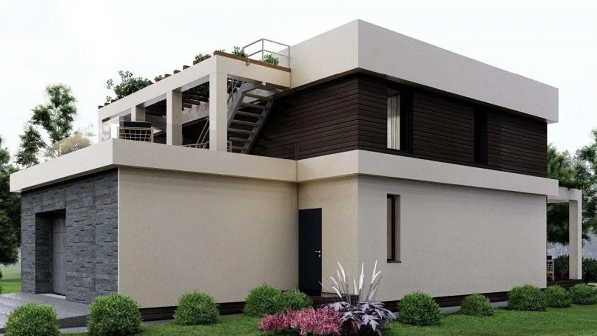 Проект загородного дома с плоской кровлей в стиле хайтек S-228