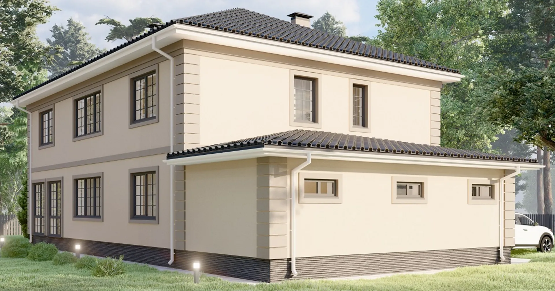 Проект двухэтажного дома с сауной в классическом стиле S-349