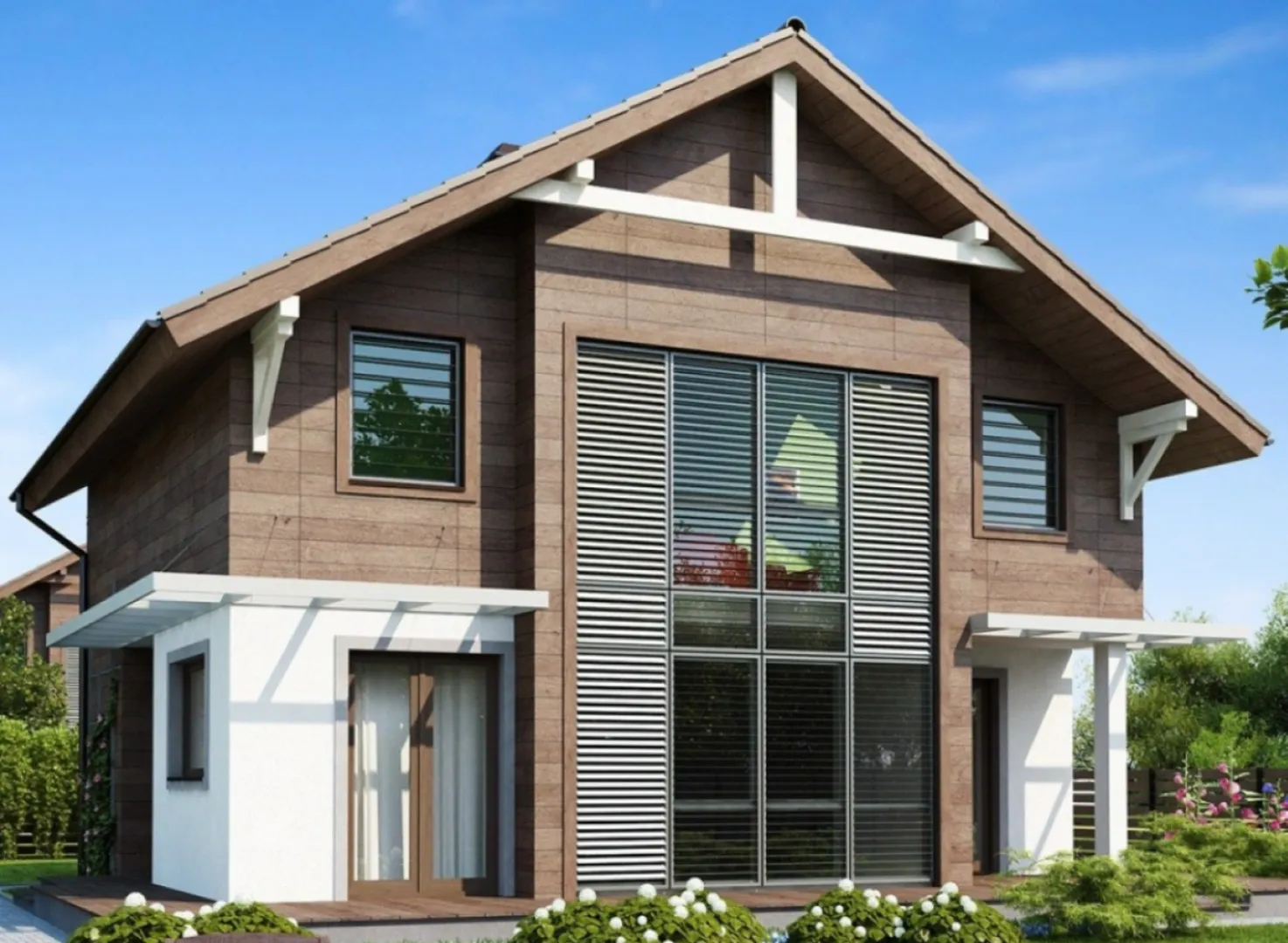 Дом с широким остеклением и деревянными элементами отделки S3-122-1