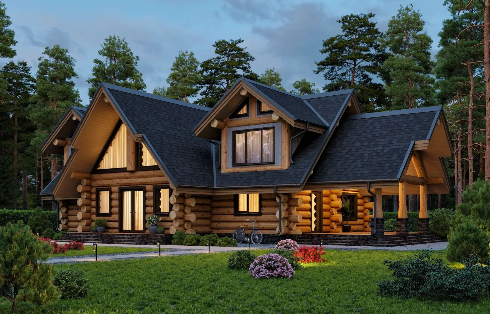 Двухэтажный деревянный бревенчатый дом 