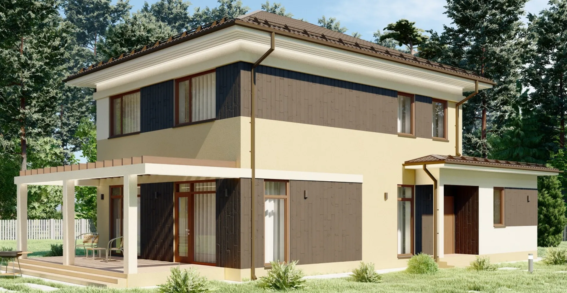 Современный двухэтажный коттедж с 4 спальнями S-166