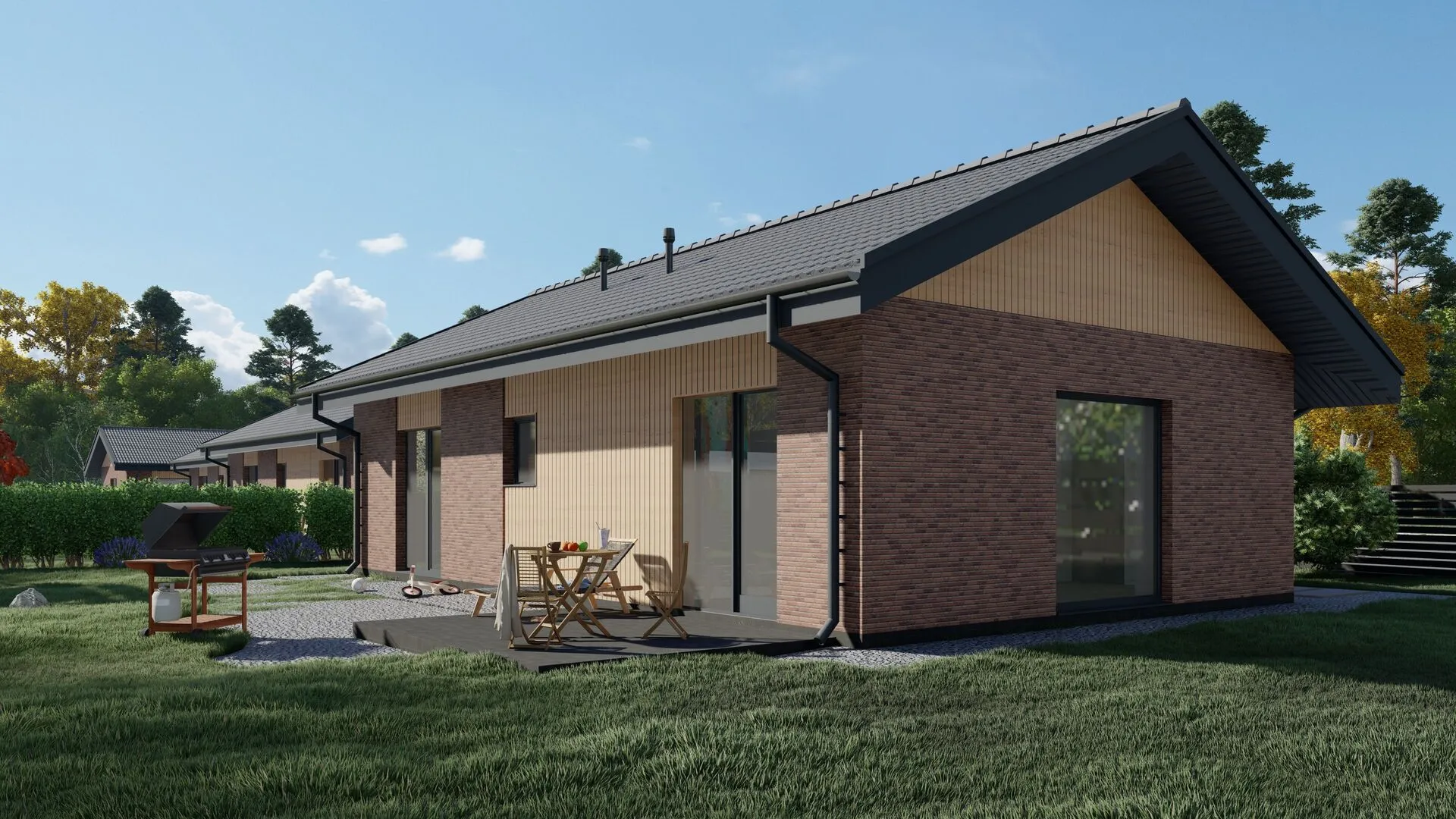 Готовый проект одноэтажного дома из газобетона 75м2 с террасой