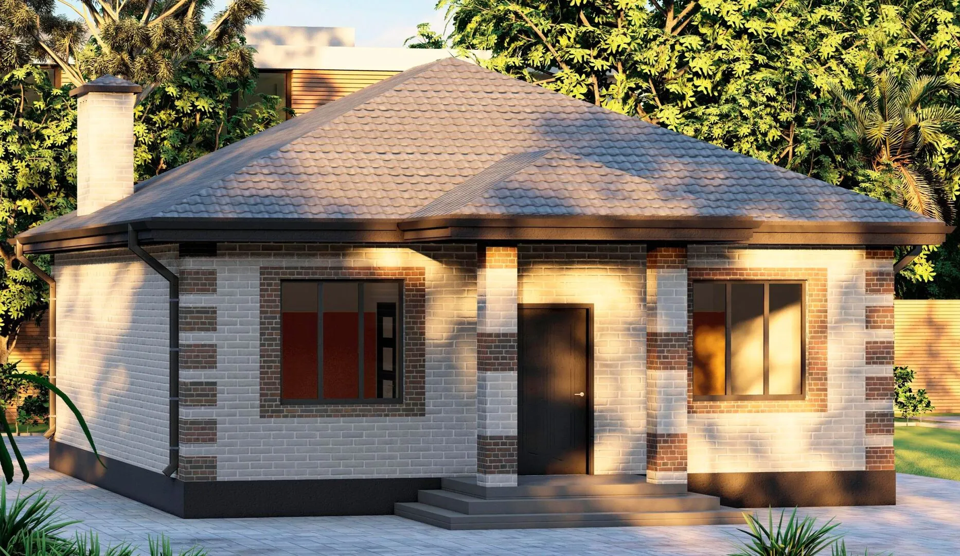 Одноэтажный кирпичный трехкомнатный дом